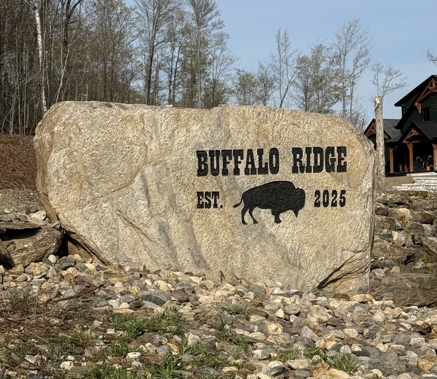 Buffalo Ridge estate entrance boulder with bison artwork, engraved on-site by Stone Cold Engravers
