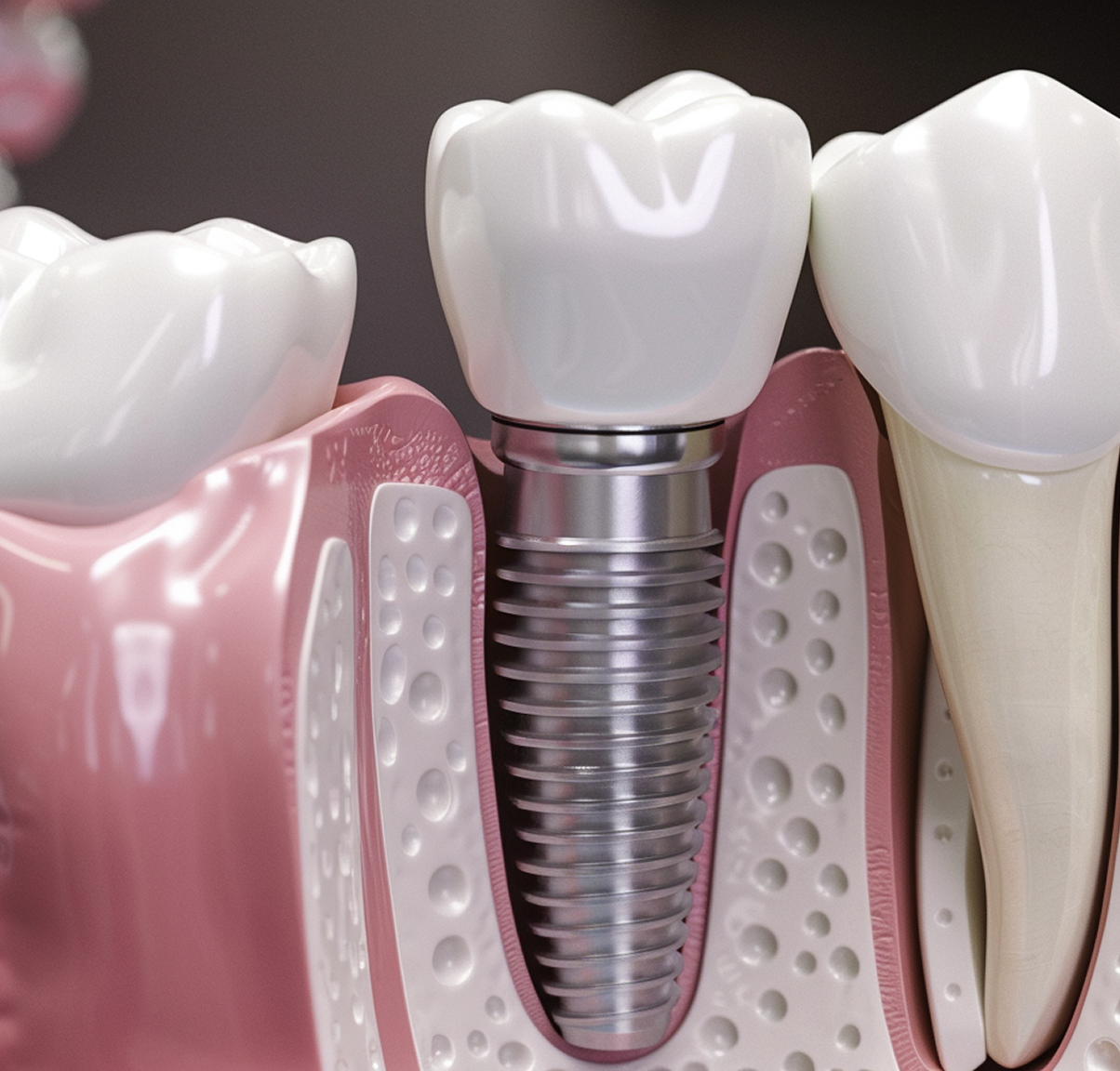 Cross-section illustration of a dental implant showing the titanium screw post anchored in the jawbone with a porcelain crown on top, surrounded by natural teeth and gum tissue