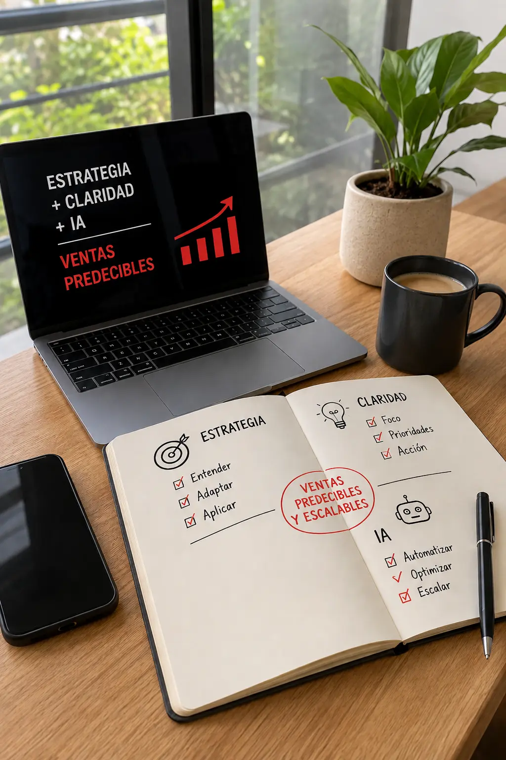 Portátil y libreta con notas de estrategia de ventas