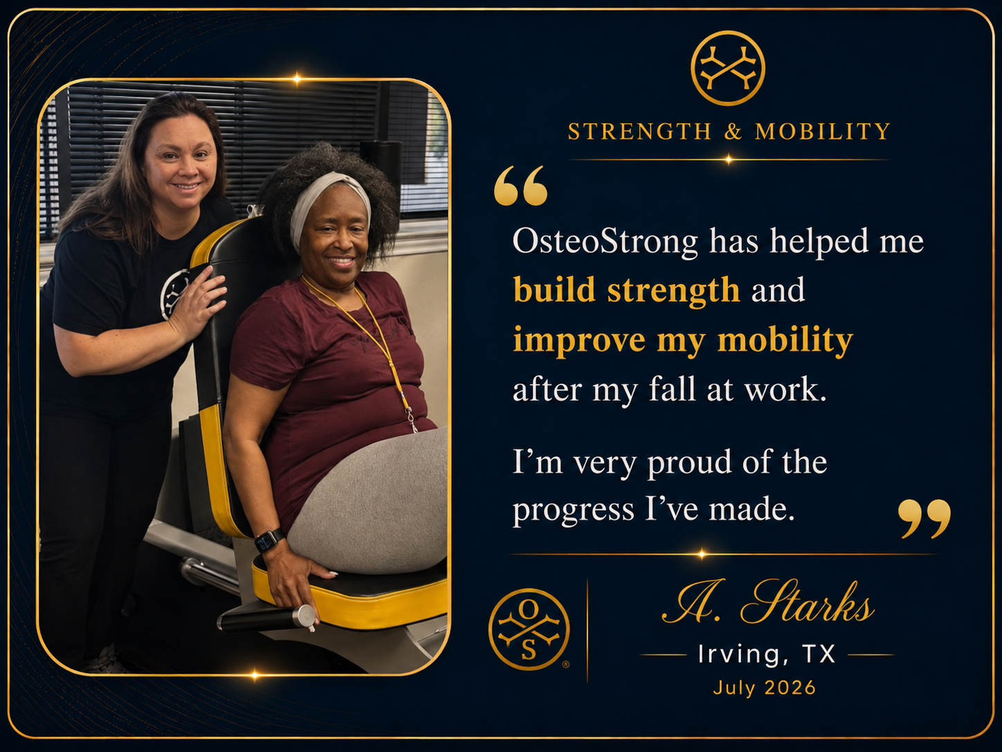 A. Starks, Irving TX - Strength and Mobility: Build strength and improve mobility after fall at work