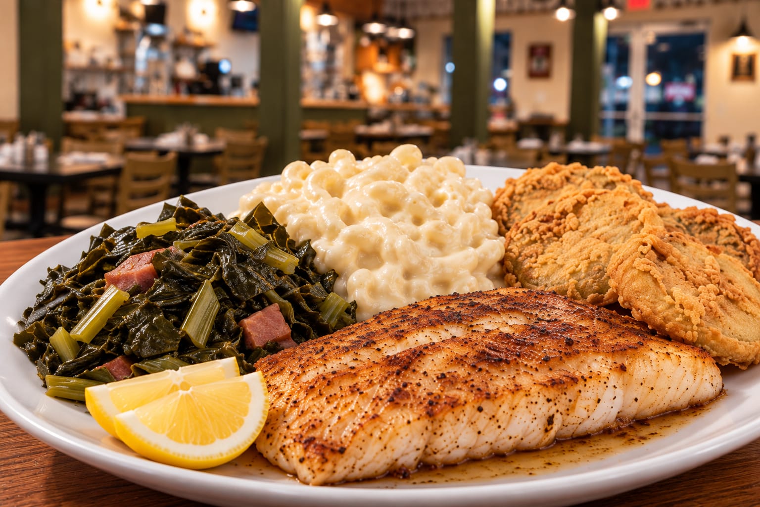 Fresh catch plated with sides at Loyd Have Mercy