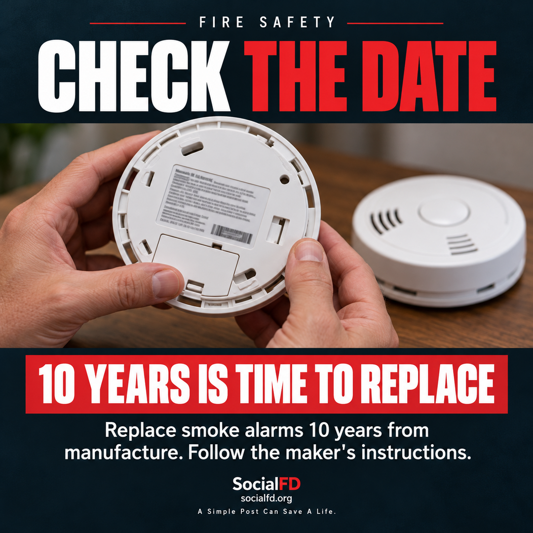 Social FD fire safety graphic: Check the Date. Replace smoke alarms 10 years from manufacture. Follow the maker's instructions.