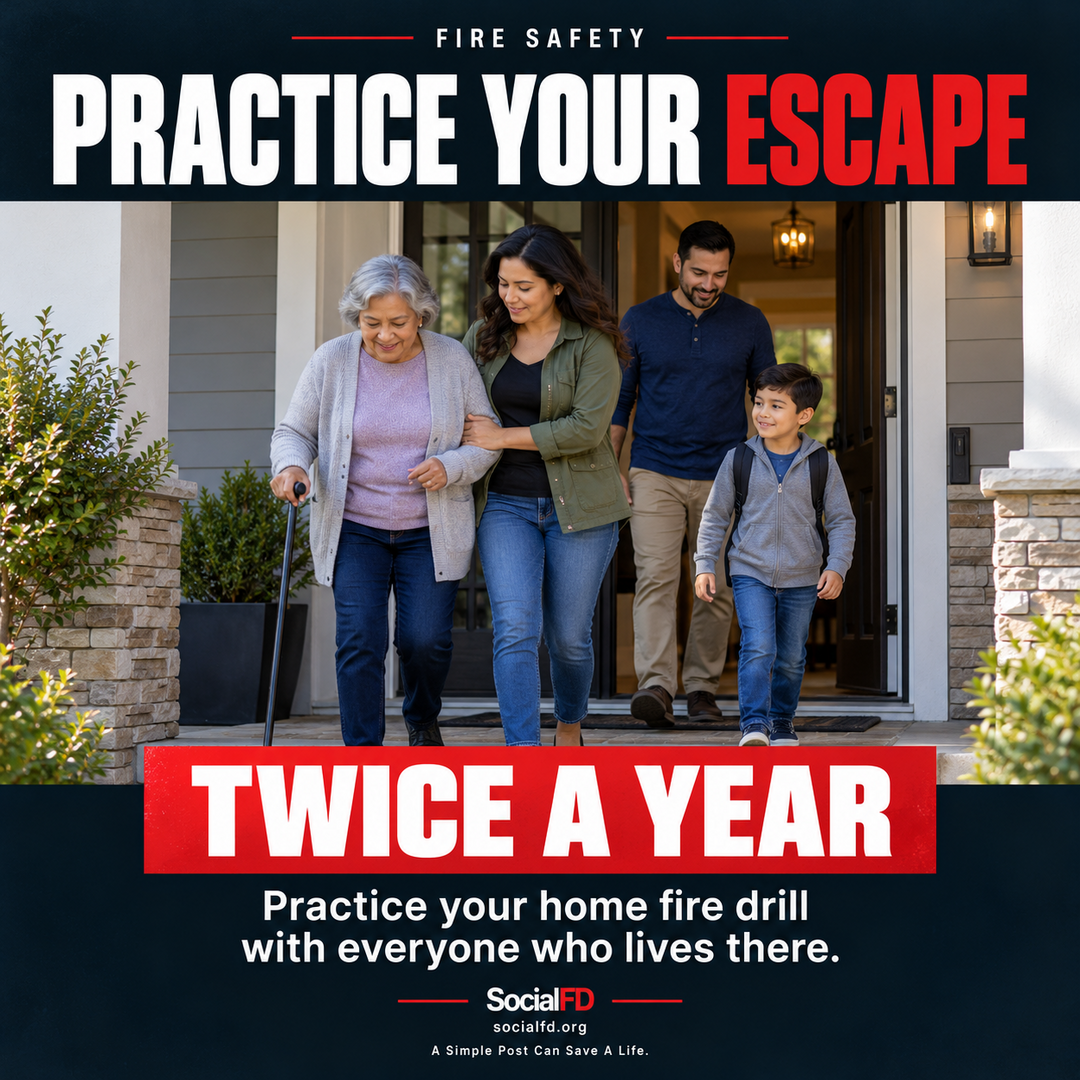 Social FD fire safety graphic: Practice Your Escape. Practice your home fire drill with everyone who lives there.