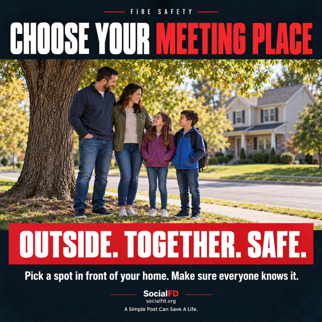 Social FD fire safety graphic: Choose Your Meeting Place. Pick a spot in front of your home. Make sure everyone knows it.