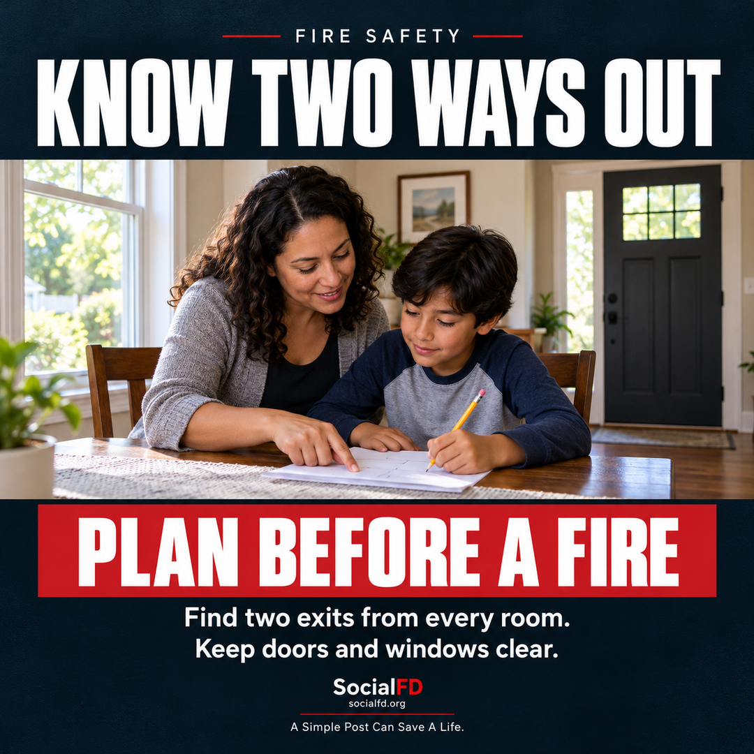 Social FD fire safety graphic: Know Two Ways Out. Find two exits from every room. Keep doors and windows clear.