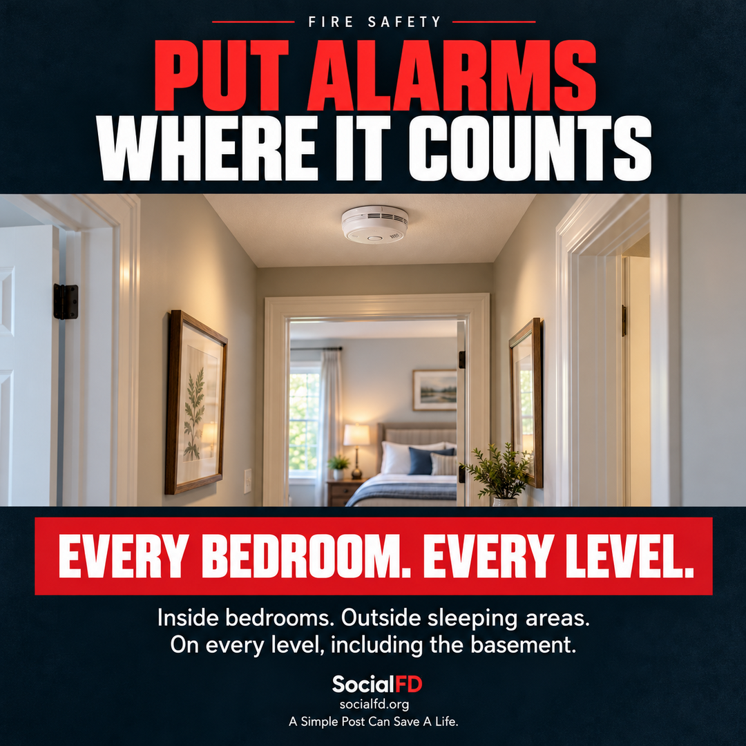 Social FD fire safety graphic: Put Alarms Where It Counts. Inside bedrooms. Outside sleeping areas. On every level, including the basement.