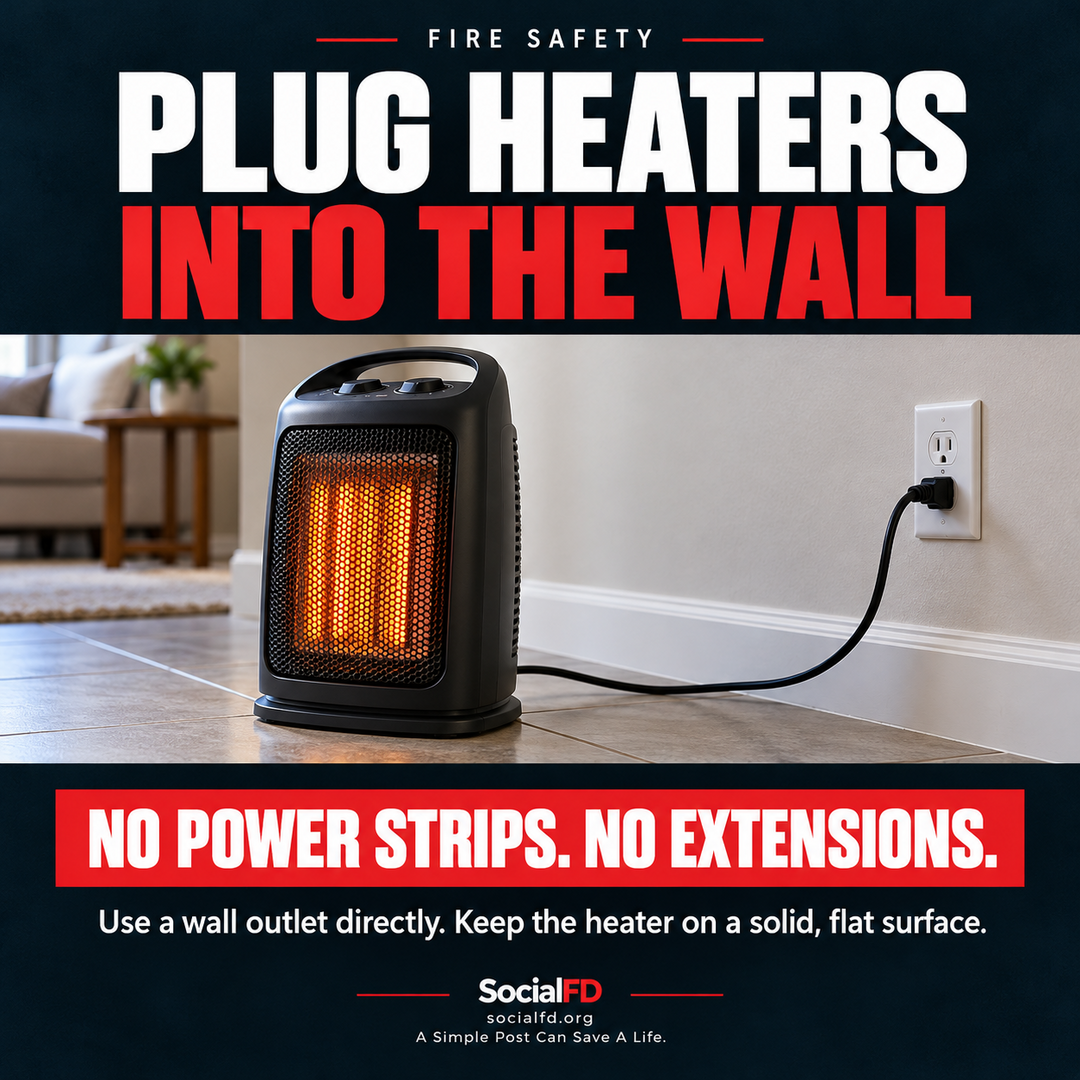 Social FD fire safety graphic: Plug Heaters Into the Wall. Use a wall outlet directly. Keep the heater on a solid, flat surface.