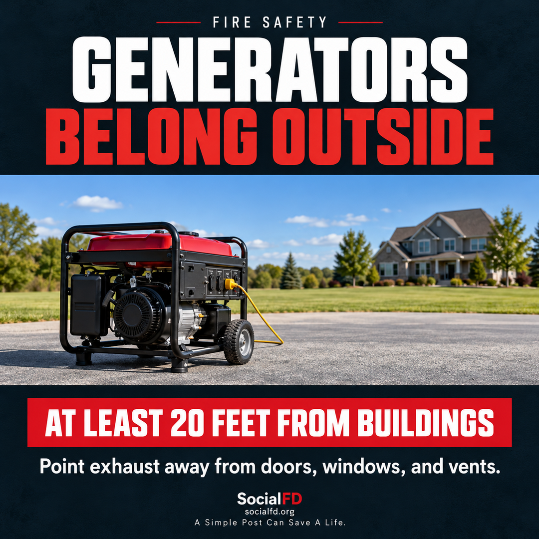 Social FD fire safety graphic: Generators Belong Outside. Point exhaust away from doors, windows, and vents.