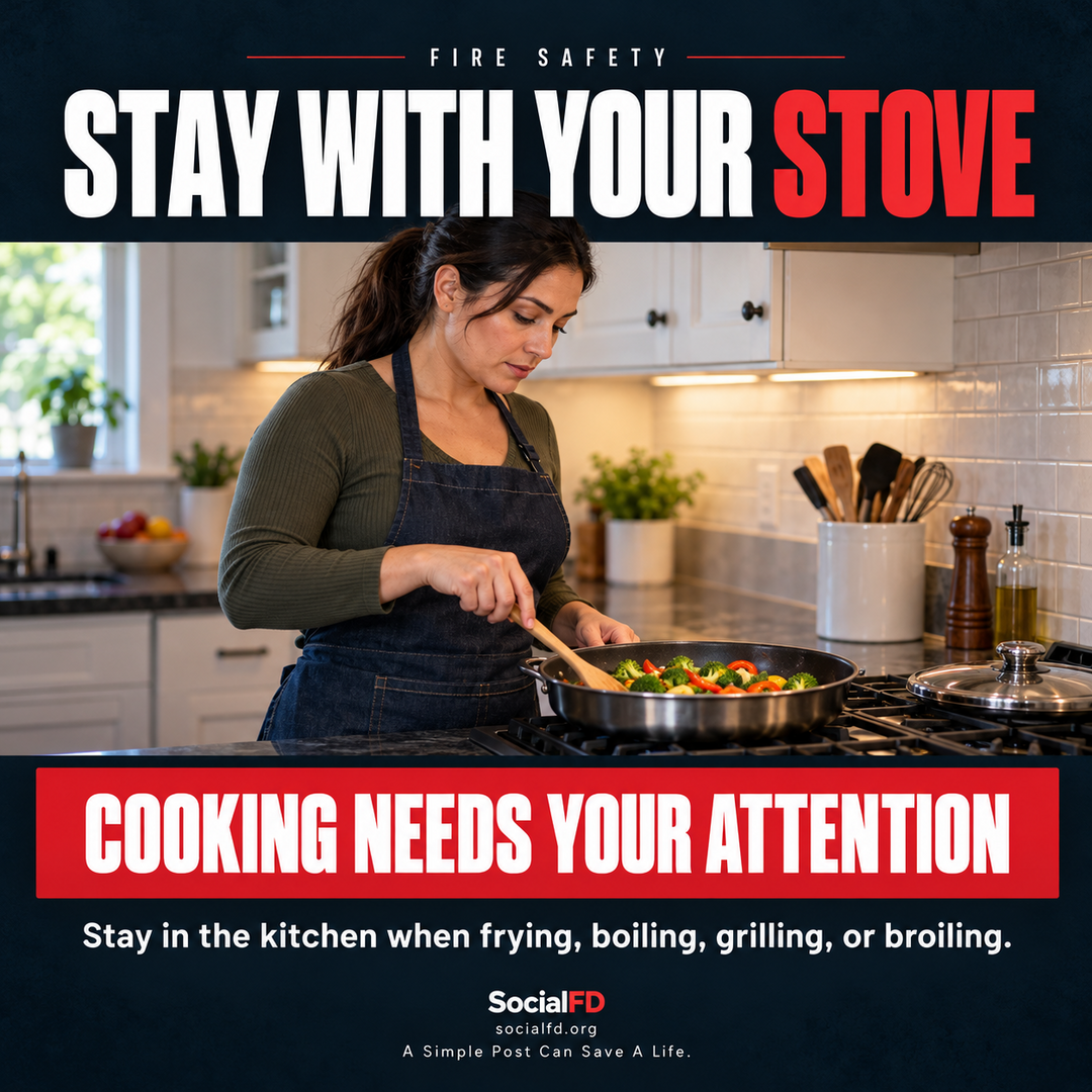 Social FD fire safety graphic: Stay With Your Stove. Stay in the kitchen when frying, boiling, grilling, or broiling.