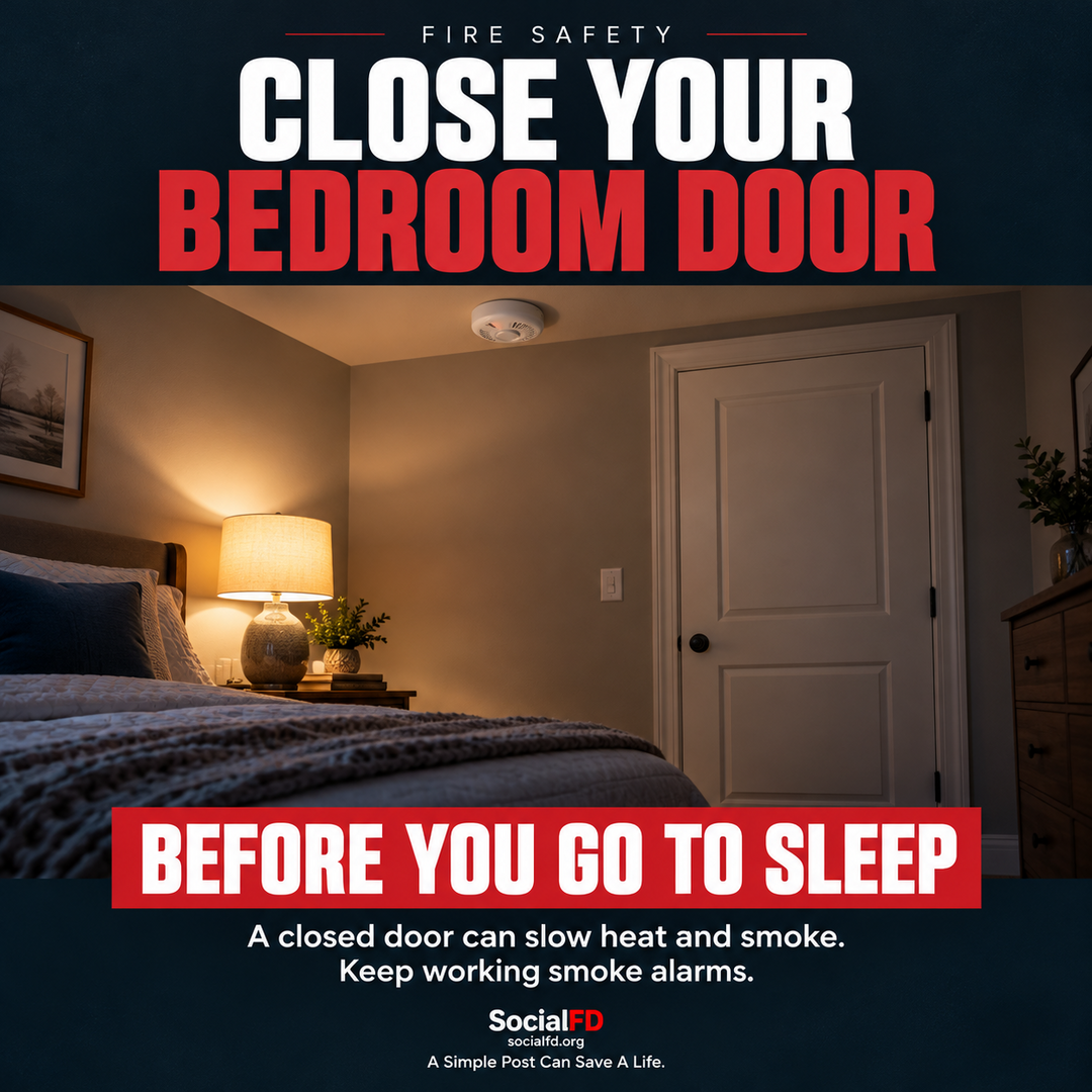 Social FD fire safety graphic: Sleep With Your Bedroom Door Closed. A closed door can slow heat and smoke. Keep working smoke alarms.