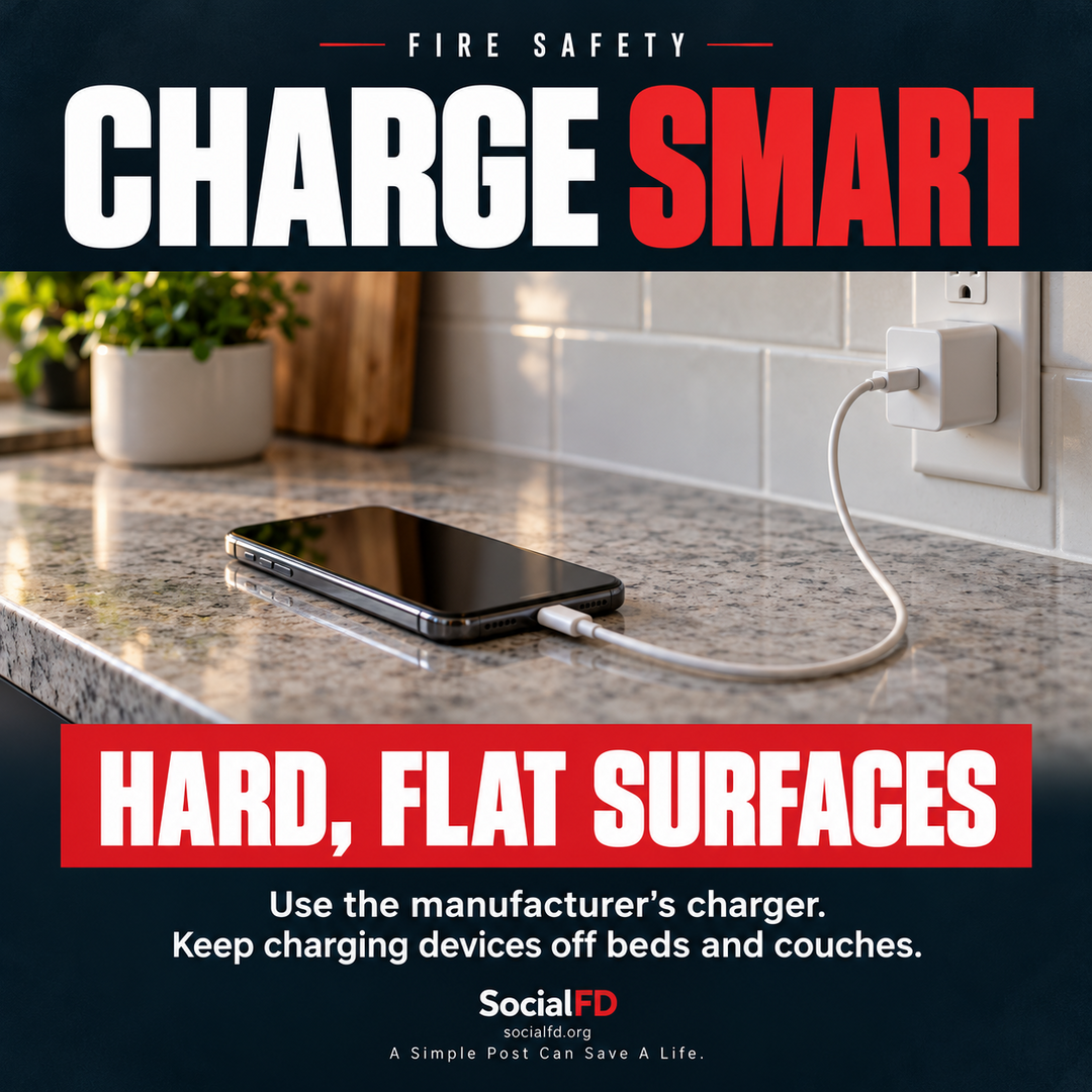 Social FD fire safety graphic: Charge Smart. Use the manufacturer's charger. Keep charging devices off beds and couches.