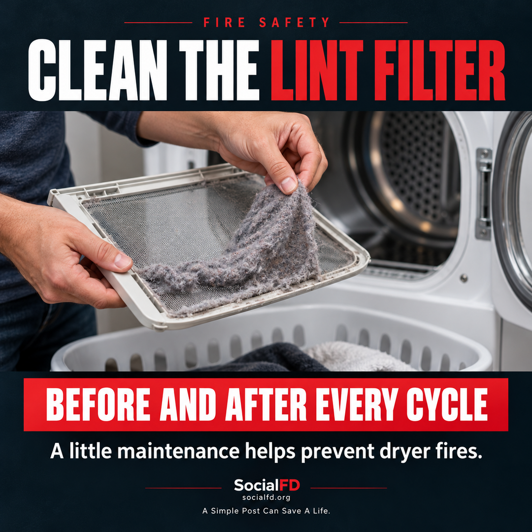Social FD fire safety graphic: Clean the Lint Filter. A little maintenance helps prevent dryer fires.
