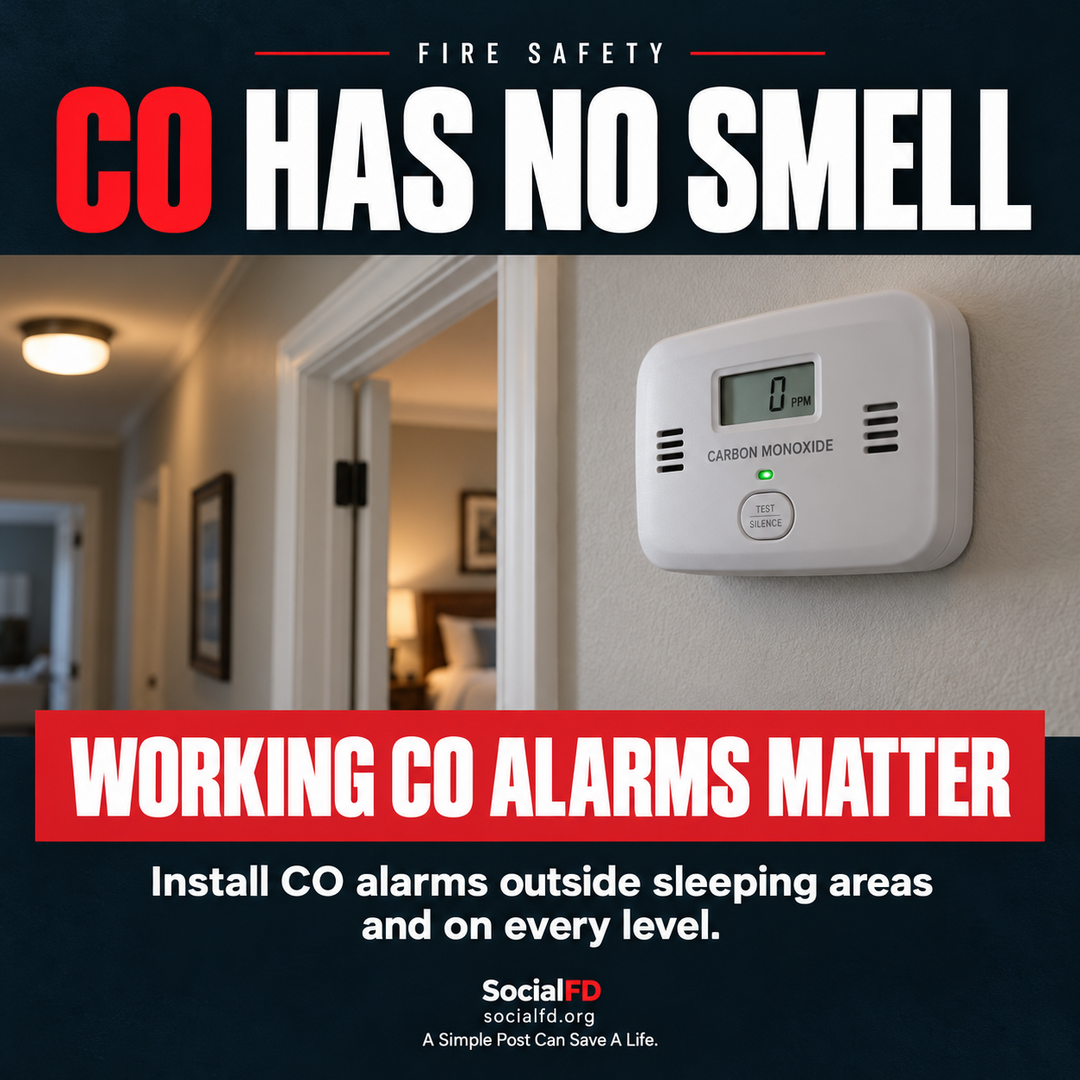 Social FD fire safety graphic: CO Has No Smell. Install CO alarms outside sleeping areas and on every level.