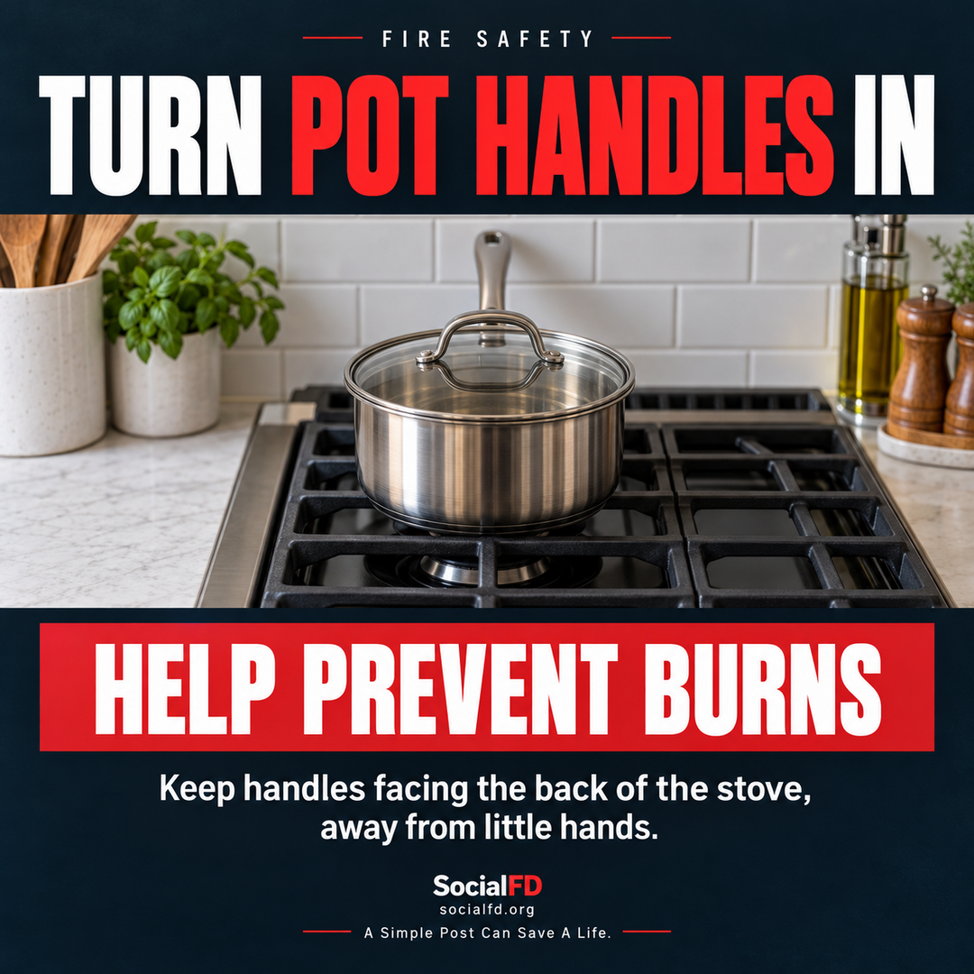 Social FD fire safety graphic: Turn Pot Handles In. Keep handles facing the back of the stove, away from little hands.