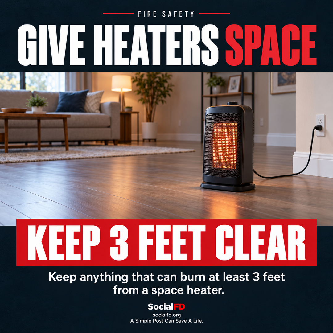 Social FD fire safety graphic: Give Heaters Space. Keep anything that can burn at least 3 feet from a space heater.
