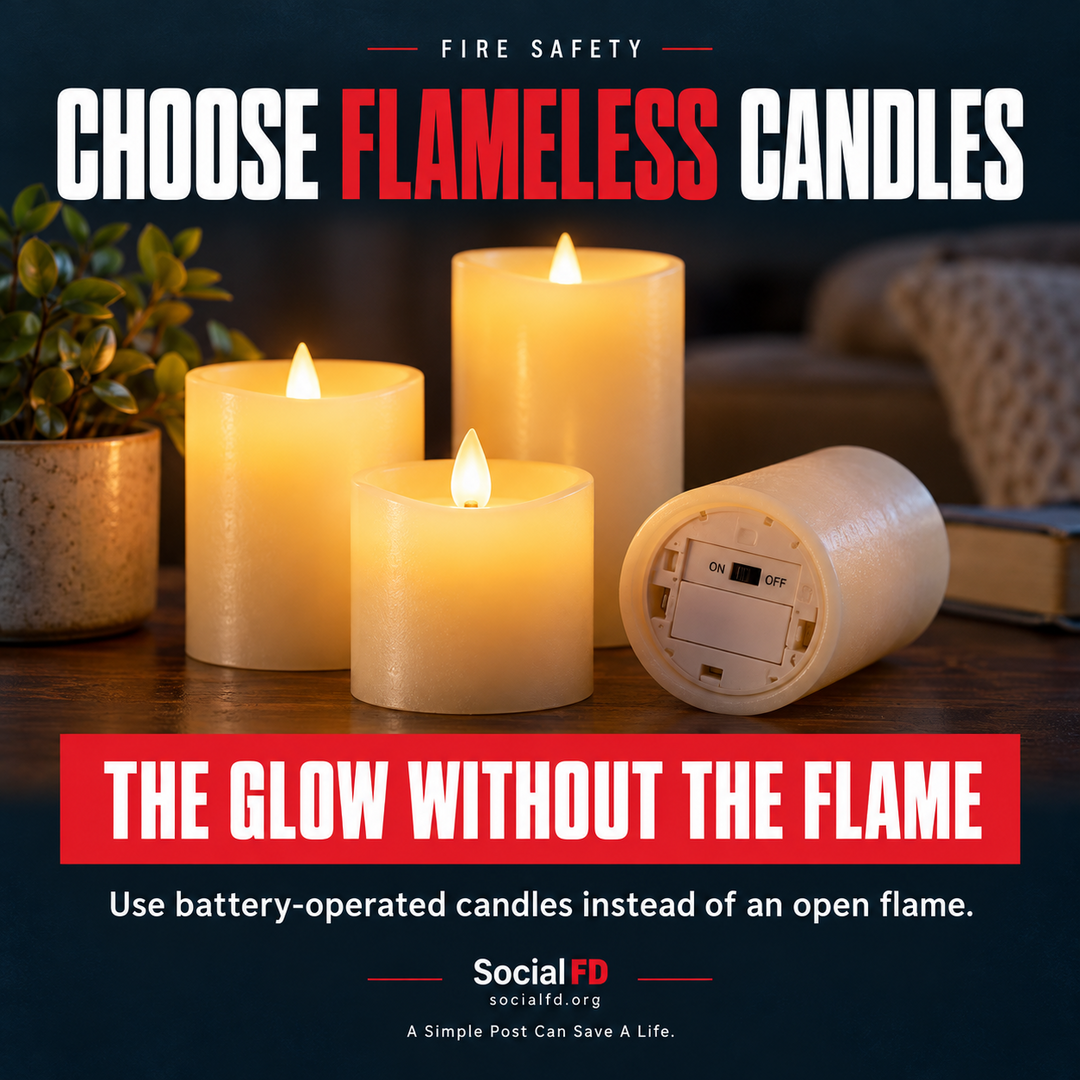 Social FD fire safety graphic: Choose Flameless Candles. Use battery-operated candles instead of an open flame.