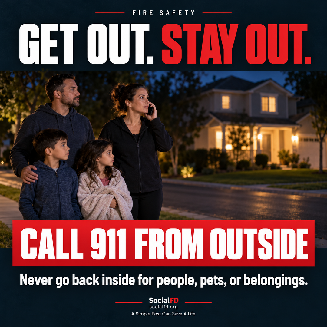 Social FD fire safety graphic: Get Out. Stay Out. Never go back inside for people, pets, or belongings.