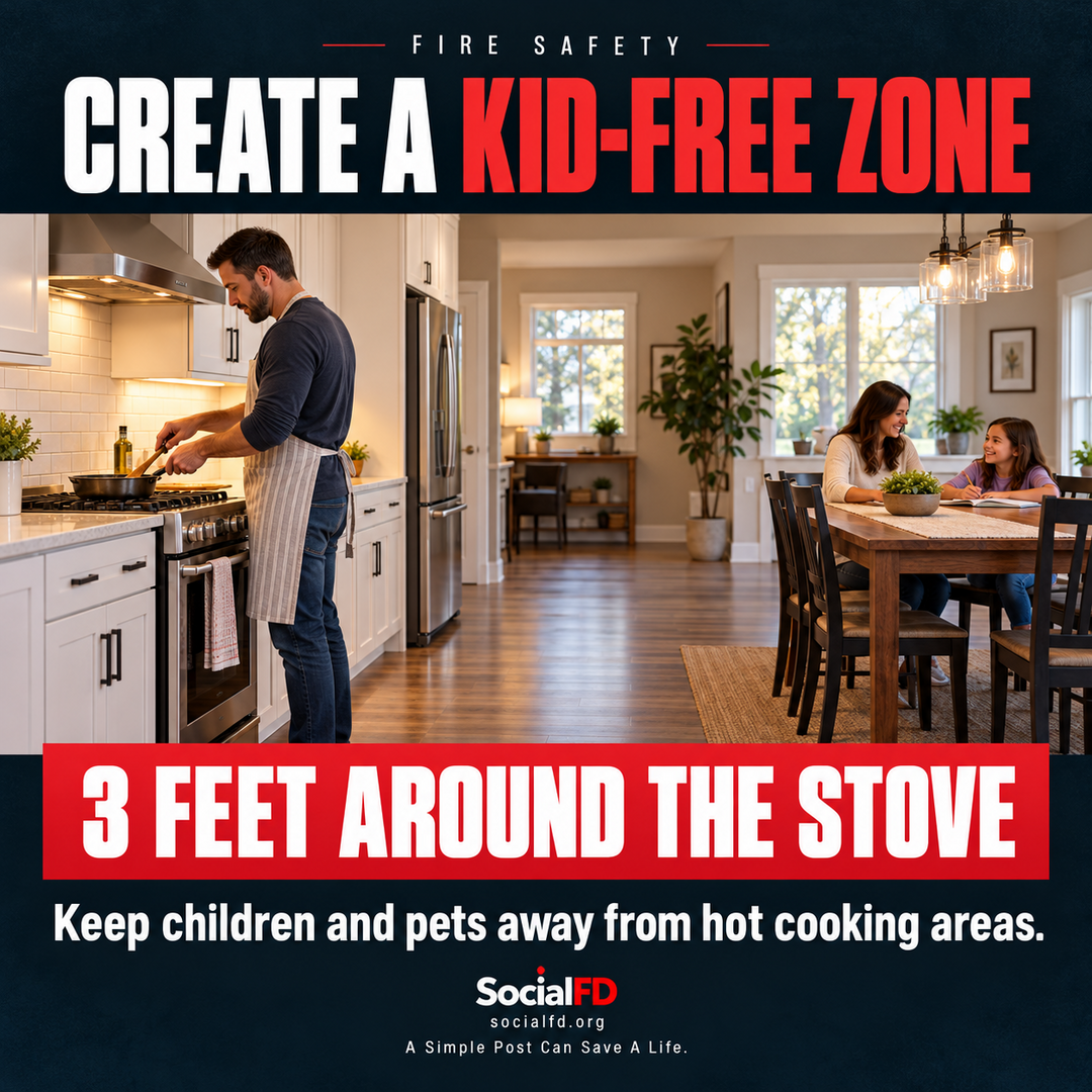 Social FD fire safety graphic: Create a Kid-Free Cooking Zone. Keep children and pets away from hot cooking areas.