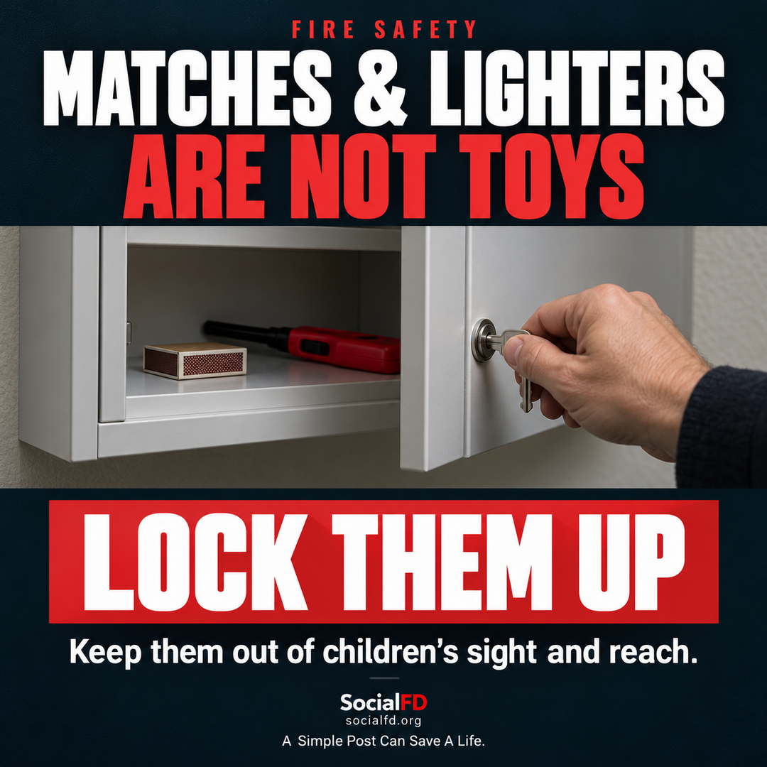 Social FD fire safety graphic: Matches and Lighters Are Not Toys. Keep them out of children's sight and reach.