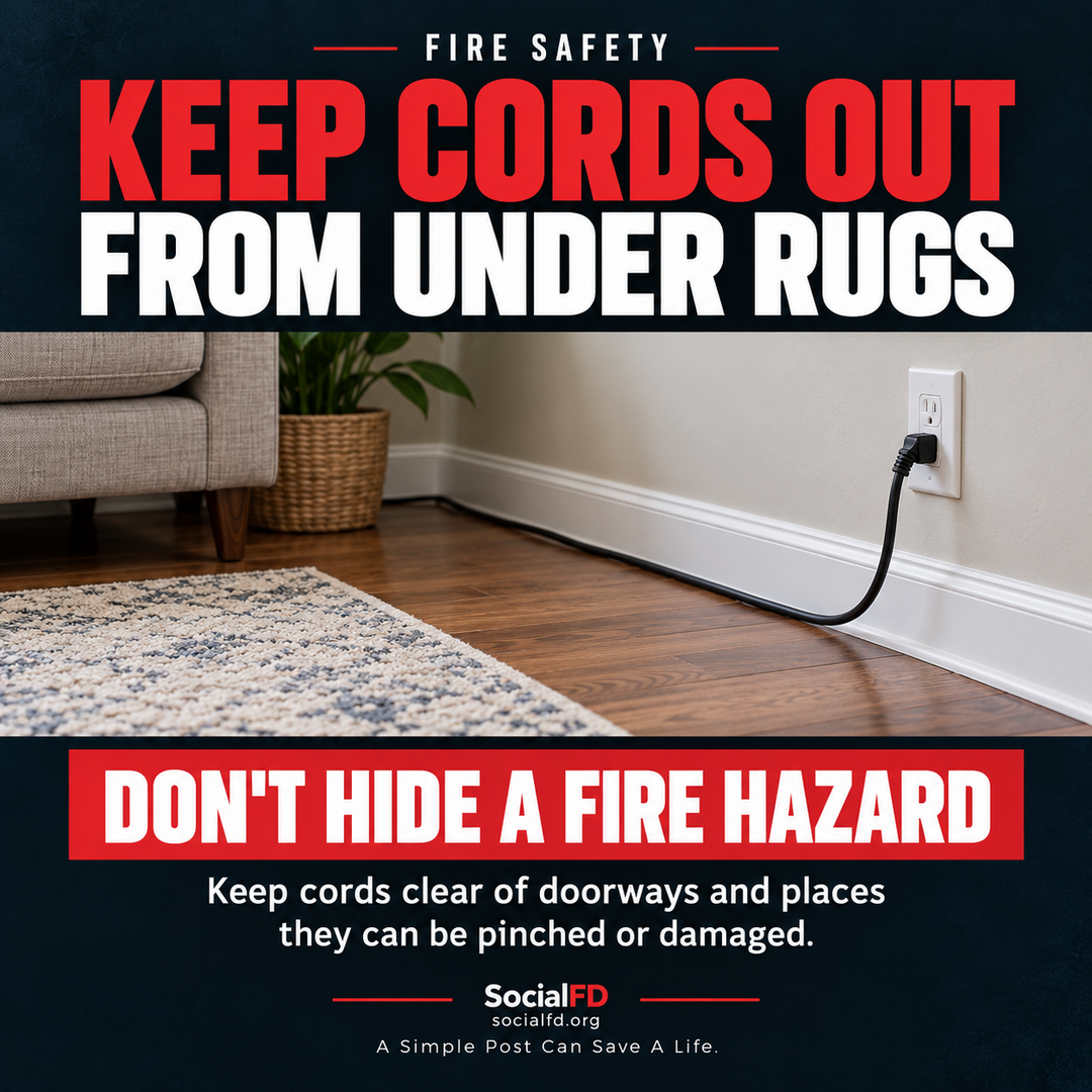 Social FD fire safety graphic: Keep Cords Out From Under Rugs. Keep cords clear of doorways and places they can be pinched or damaged.