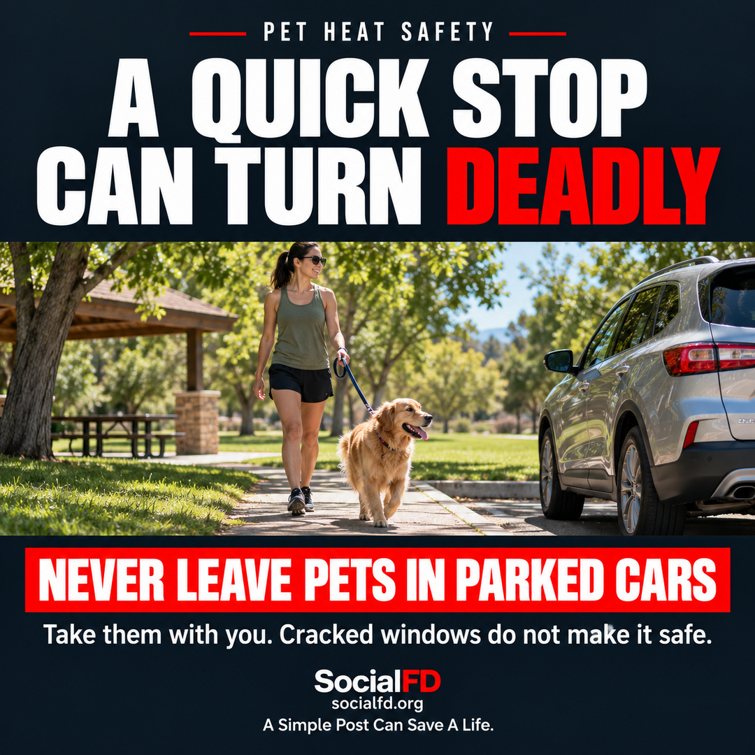 Social FD safety graphic: A QUICK STOP CAN TURN DEADLY. NEVER LEAVE PETS IN PARKED CARS. Take them with you. Cracked windows do not make it safe.