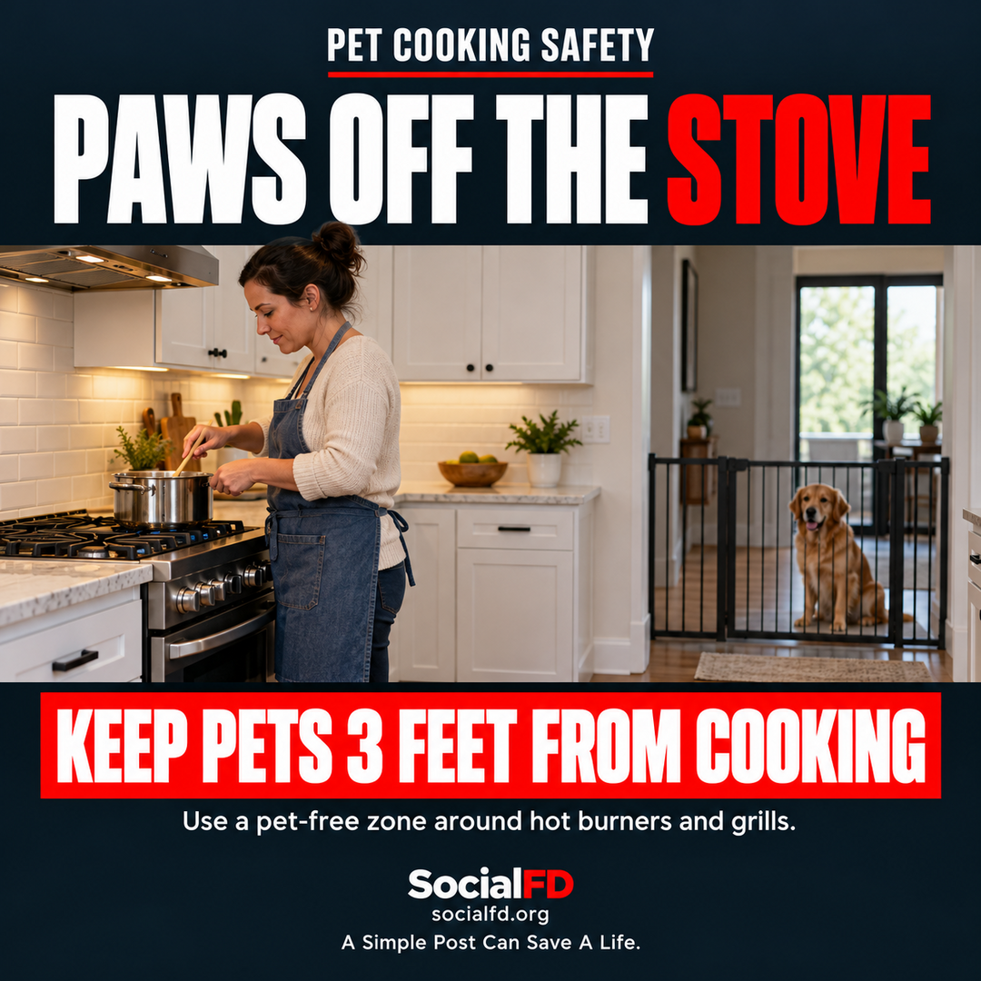 Social FD safety graphic: PAWS OFF THE STOVE. KEEP PETS 3 FEET FROM COOKING. Use a pet-free zone around hot burners and grills.