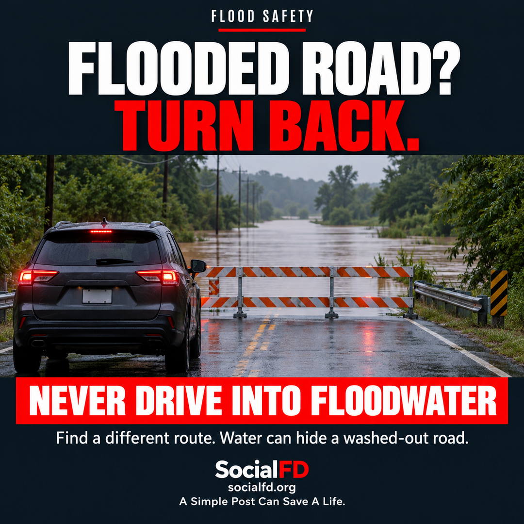 Social FD safety graphic: FLOODED ROAD? TURN BACK. NEVER DRIVE INTO FLOODWATER. Find a different route. Water can hide a washed-out road.