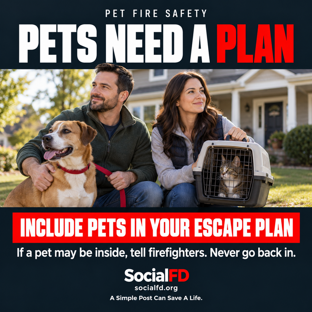 Social FD safety graphic: PETS NEED A PLAN. INCLUDE PETS IN YOUR ESCAPE PLAN. If a pet may be inside, tell firefighters. Never go back in.