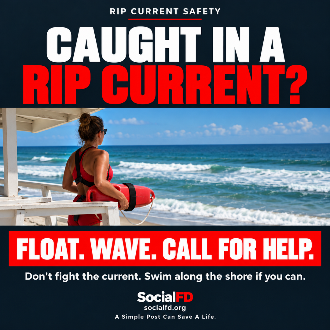 Social FD safety graphic: CAUGHT IN A RIP CURRENT?. FLOAT. WAVE. CALL FOR HELP. Don't fight the current. Swim along the shore if you can.