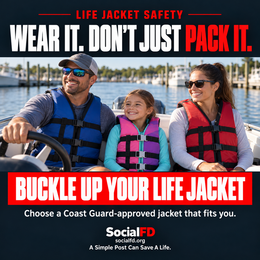 Social FD water safety graphic showing a family wearing life jackets.
