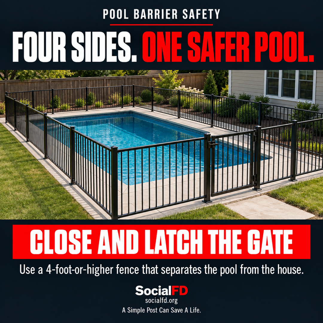 Social FD safety graphic: FOUR SIDES. ONE SAFER POOL. CLOSE AND LATCH THE GATE. Use a 4-foot-or-higher fence that separates the pool from the house.