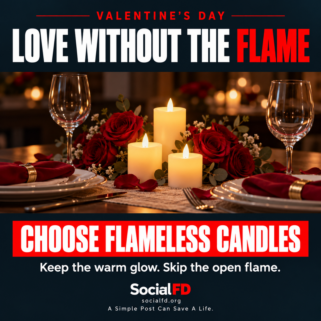 Social FD safety graphic: LOVE WITHOUT THE FLAME. CHOOSE FLAMELESS CANDLES. Keep the warm glow. Skip the open flame.