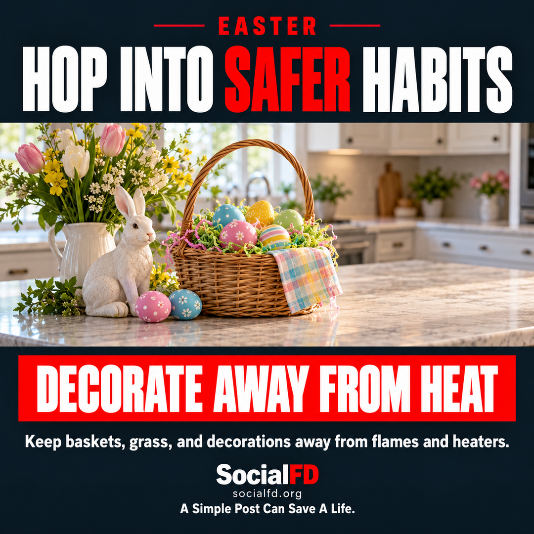 Social FD safety graphic: HOP INTO SAFER HABITS. DECORATE AWAY FROM HEAT. Keep baskets, grass, and decorations away from flames and heaters.