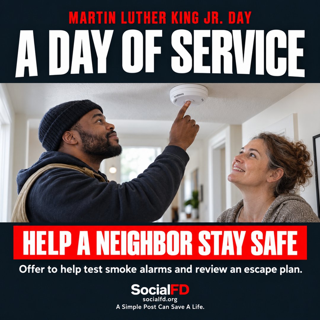 Social FD safety graphic: A DAY OF SERVICE. HELP A NEIGHBOR STAY SAFE. Offer to help test smoke alarms and review an escape plan.