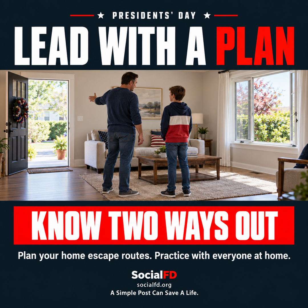 Social FD safety graphic: LEAD WITH A PLAN. KNOW TWO WAYS OUT. Plan your home escape routes. Practice with everyone at home.