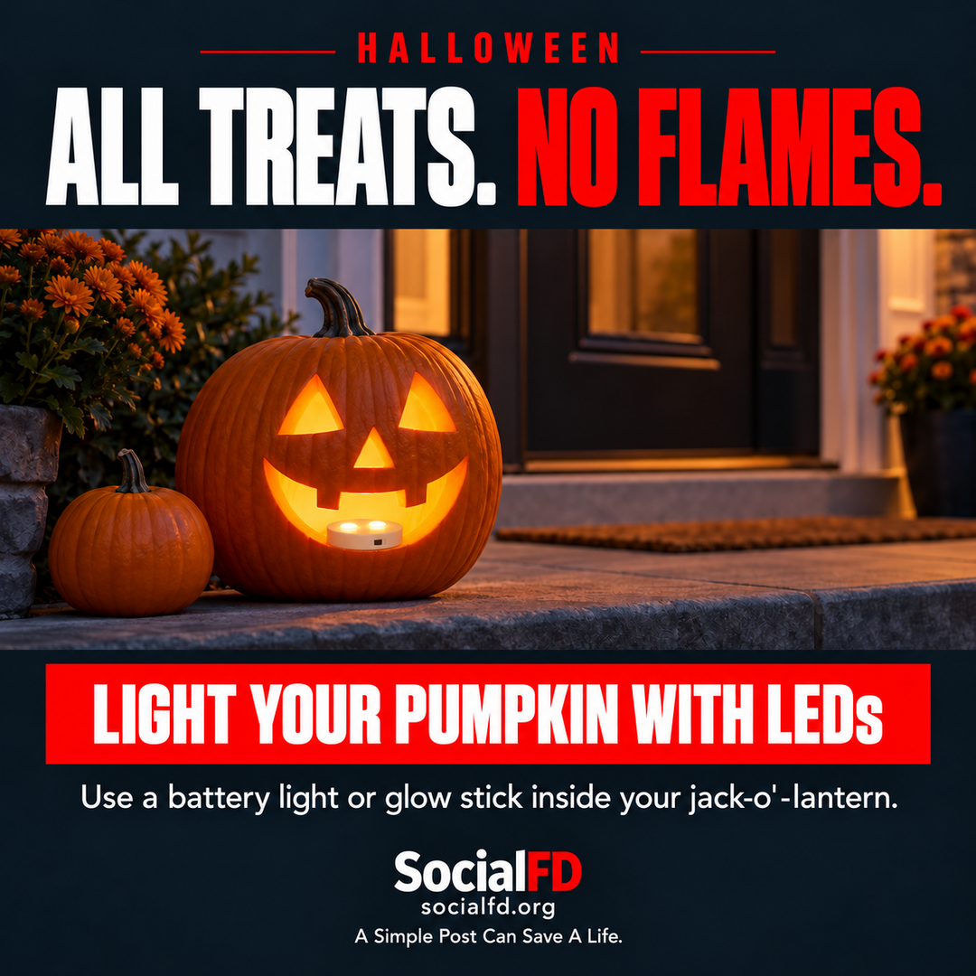 Social FD Halloween graphic encouraging battery lights inside jack-o'-lanterns.