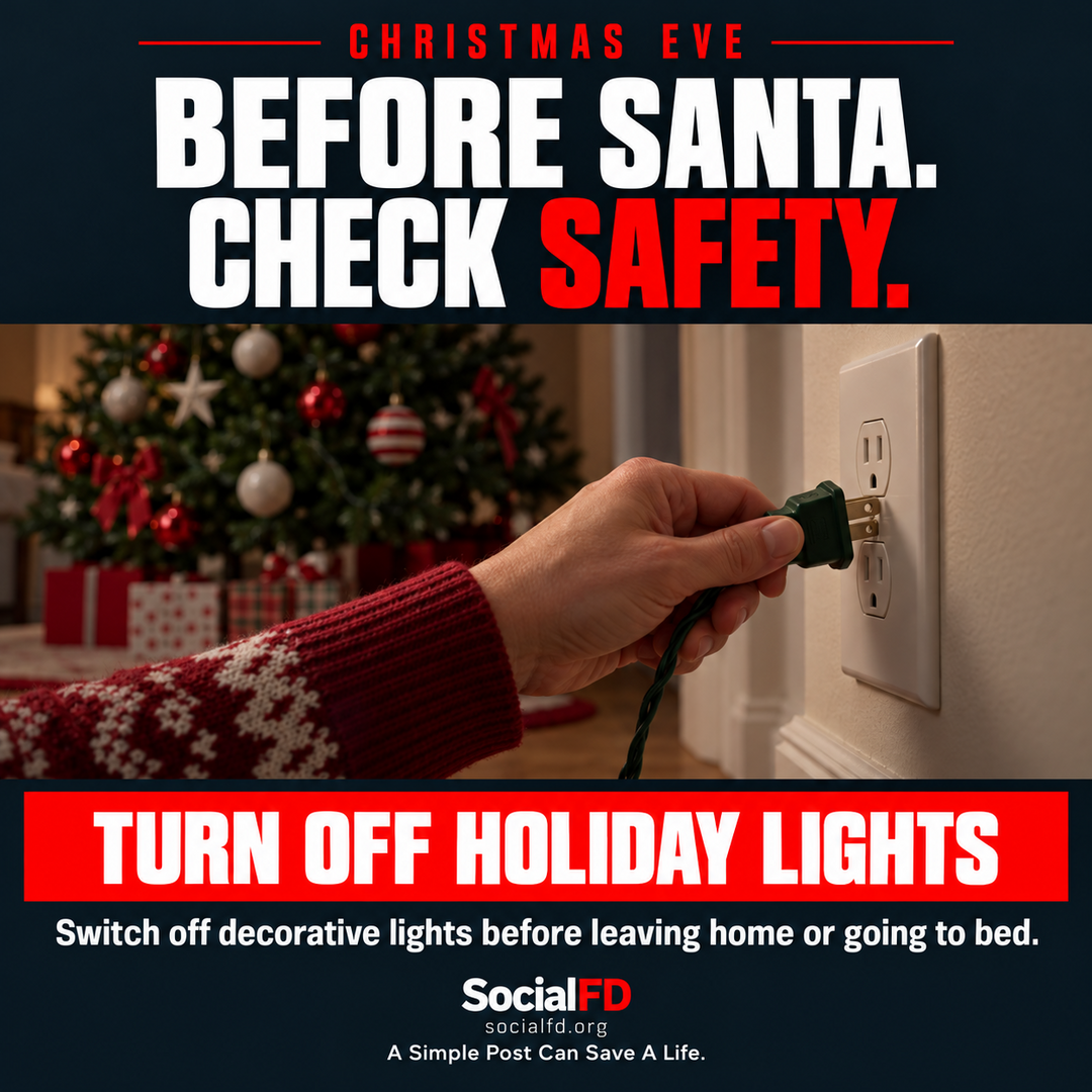 Social FD safety graphic: BEFORE SANTA. CHECK SAFETY. TURN OFF HOLIDAY LIGHTS. Switch off decorative lights before leaving home or going to bed.
