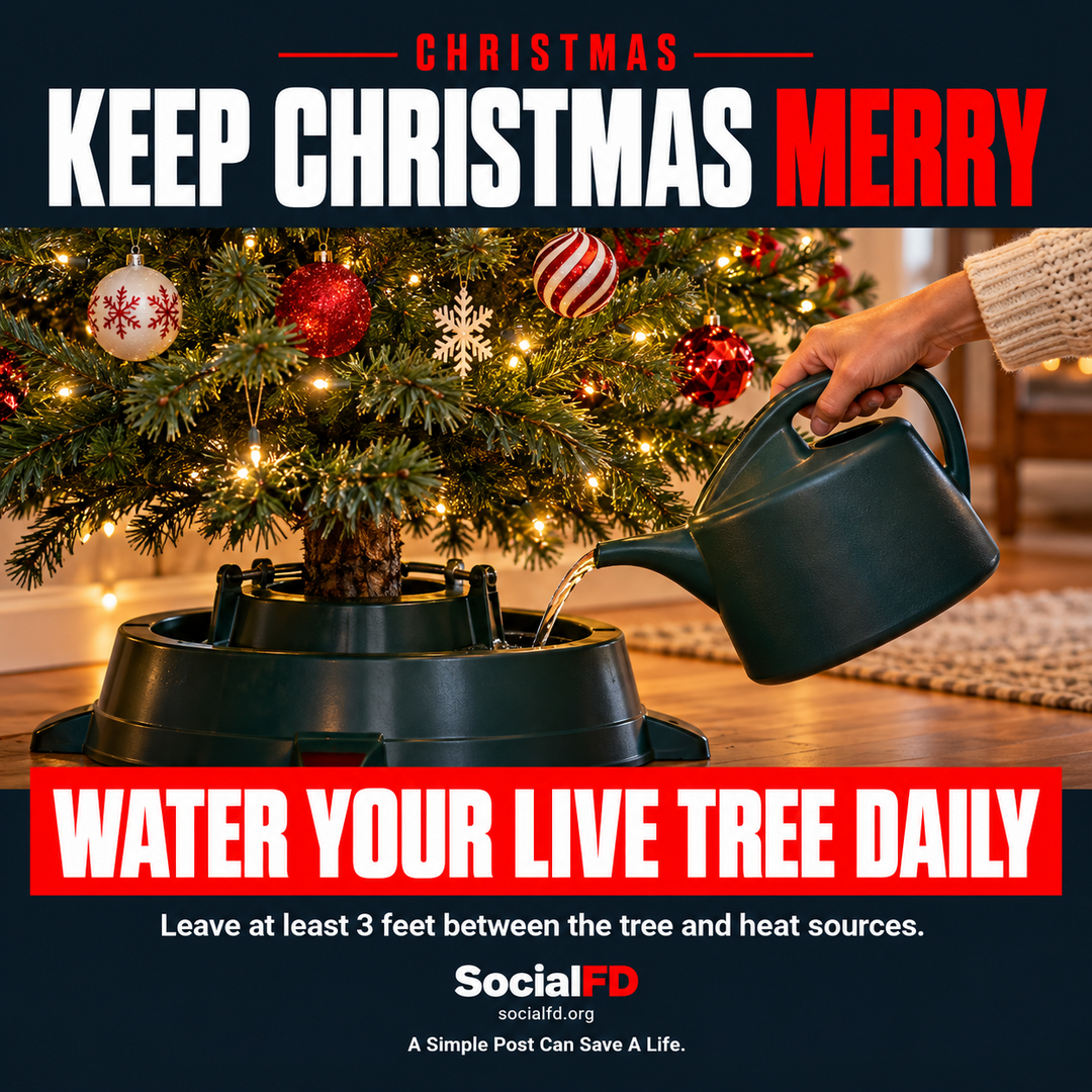 Social FD safety graphic: KEEP CHRISTMAS MERRY. WATER YOUR LIVE TREE DAILY. Leave at least 3 feet between the tree and heat sources.