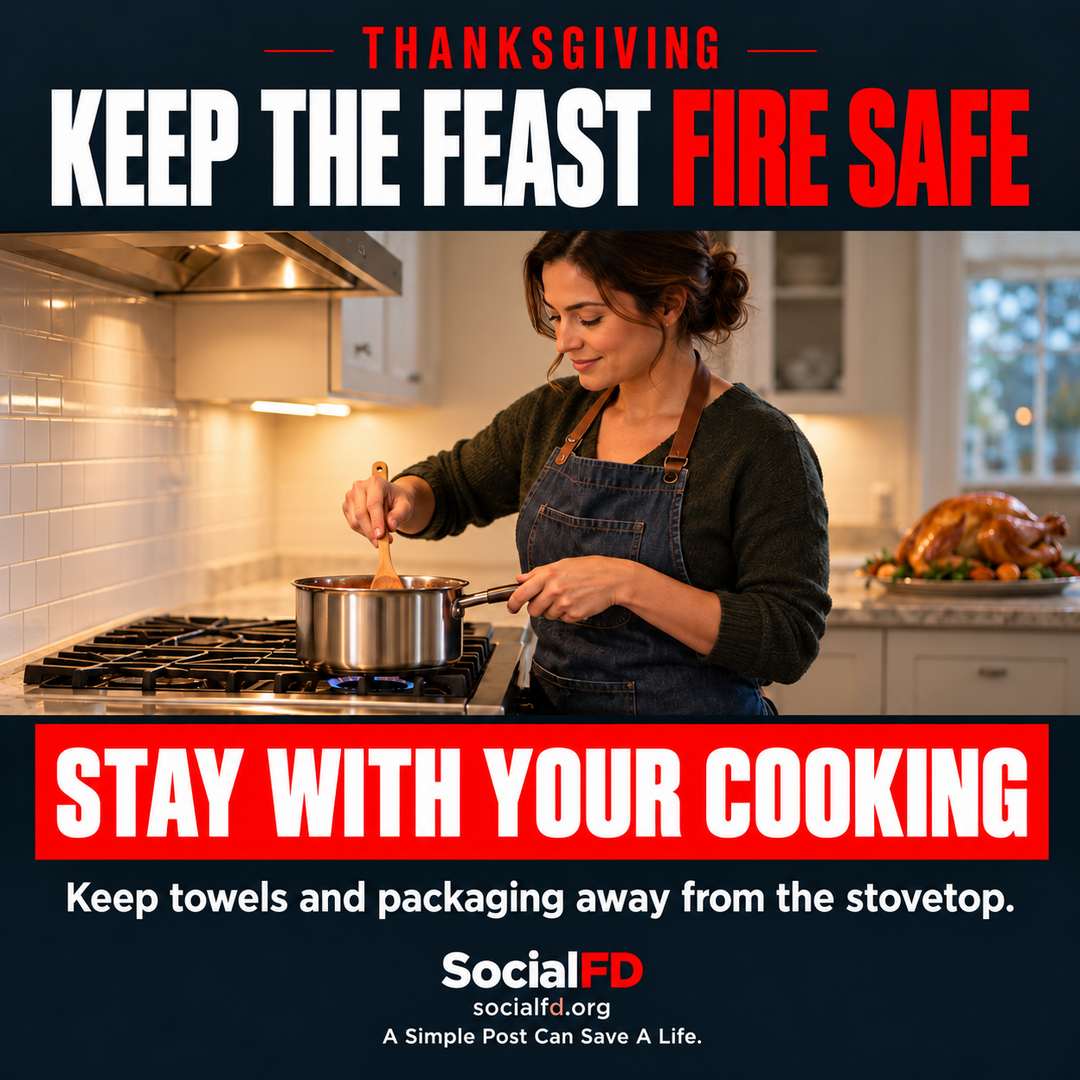 Social FD safety graphic: KEEP THE FEAST FIRE SAFE. STAY WITH YOUR COOKING. Keep towels and packaging away from the stovetop.
