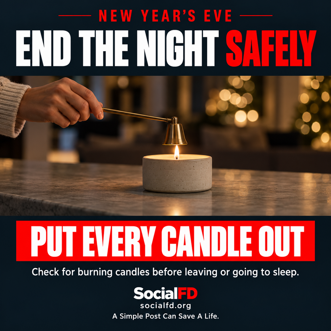 Social FD safety graphic: END THE NIGHT SAFELY. PUT EVERY CANDLE OUT. Check for burning candles before leaving or going to sleep.