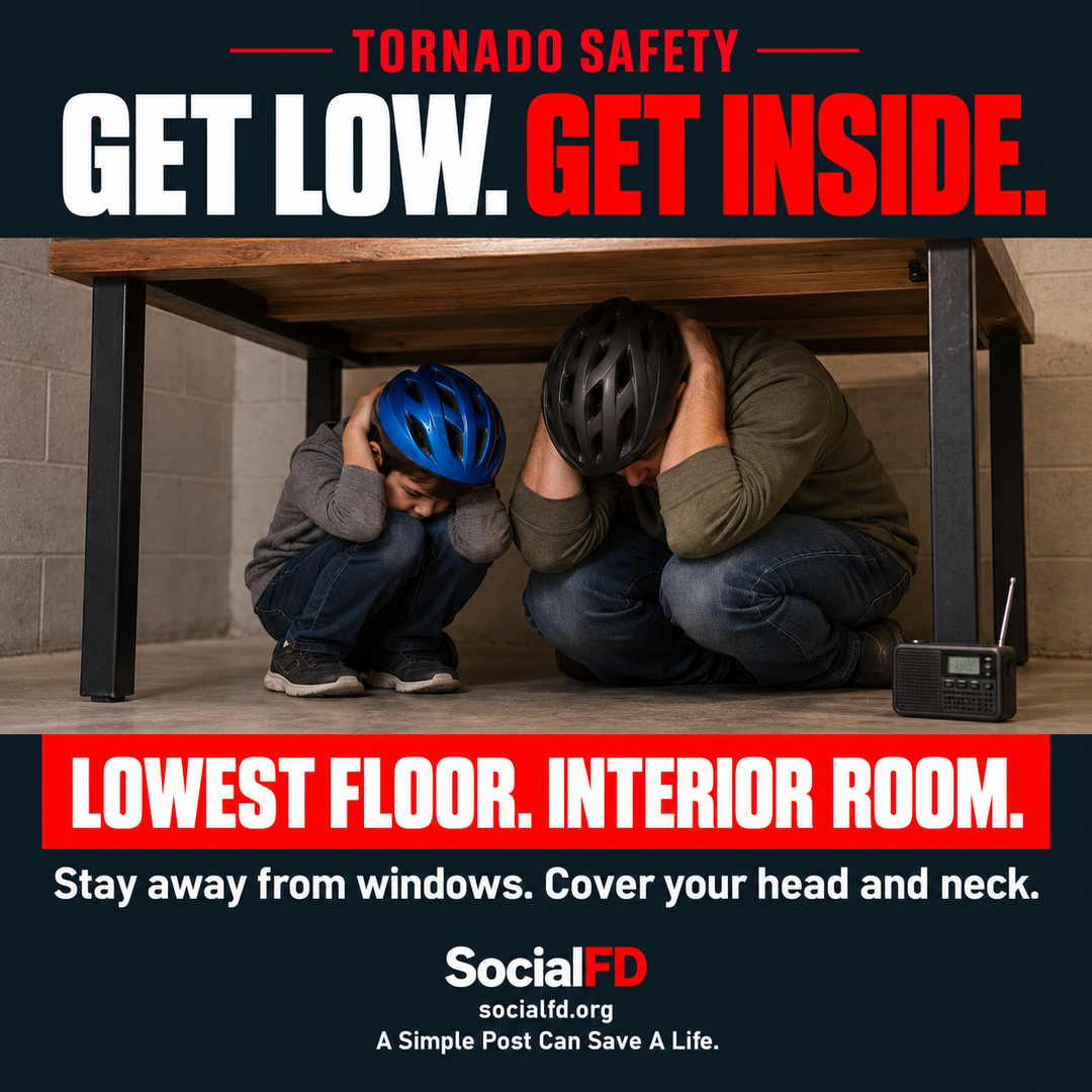 Social FD safety graphic: GET LOW. GET INSIDE. LOWEST FLOOR. INTERIOR ROOM. Stay away from windows. Cover your head and neck.