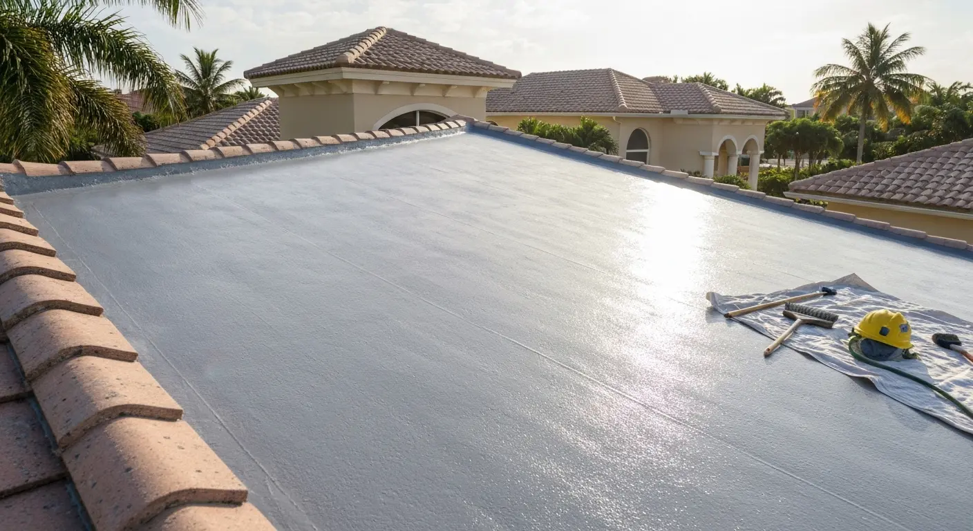Residential roof coating on home in Bonita Springs neighborhood