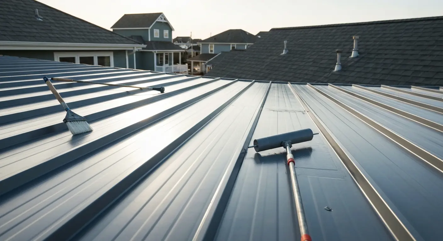 Metal roof coating applied to standing seam roof