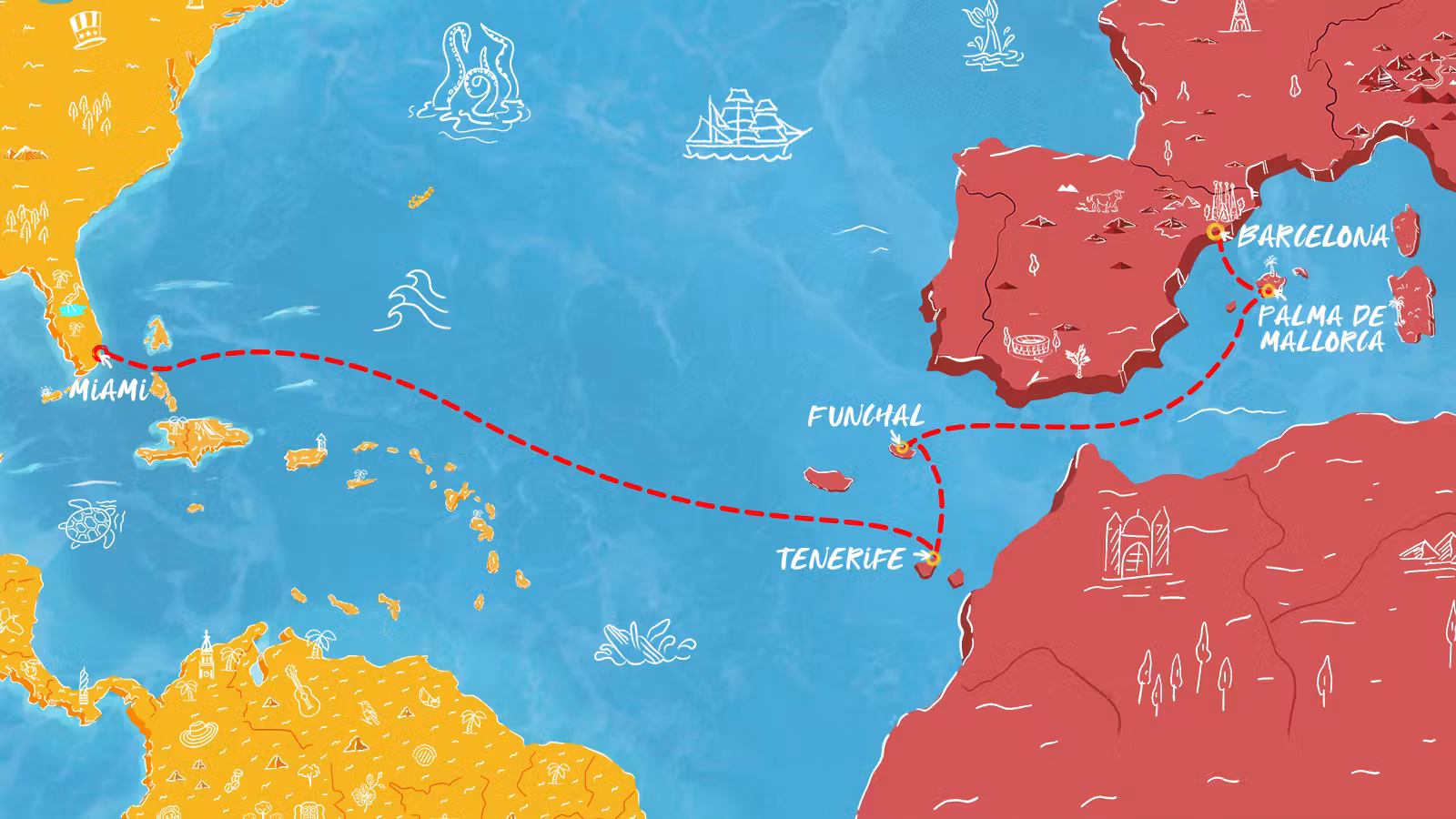 Route map: Barcelona to Miami, via Palma de Mallorca, Funchal and Tenerife