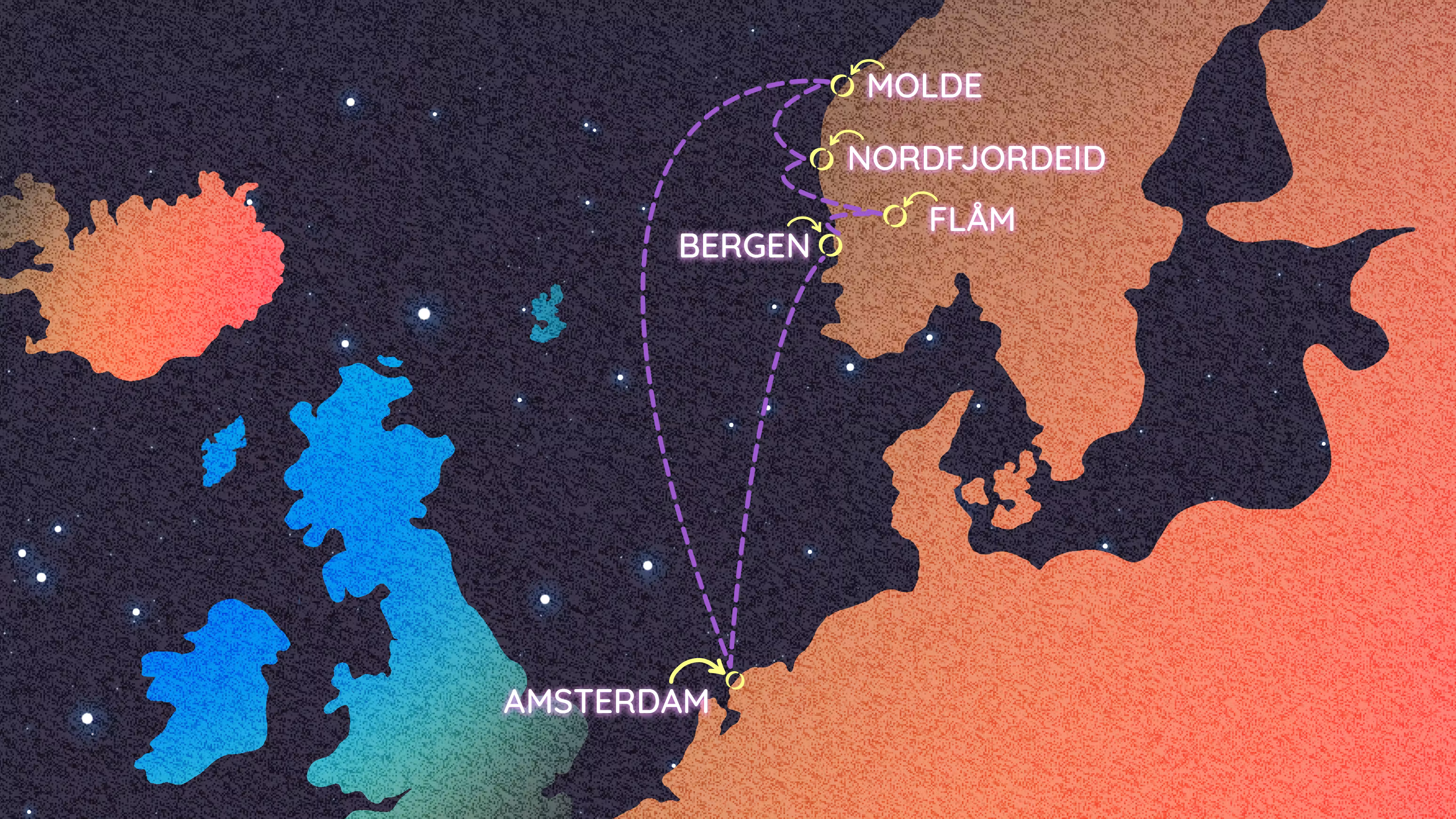 Route map: round trip Amsterdam, via Molde, Nordfjordeid, Flåm and Bergen