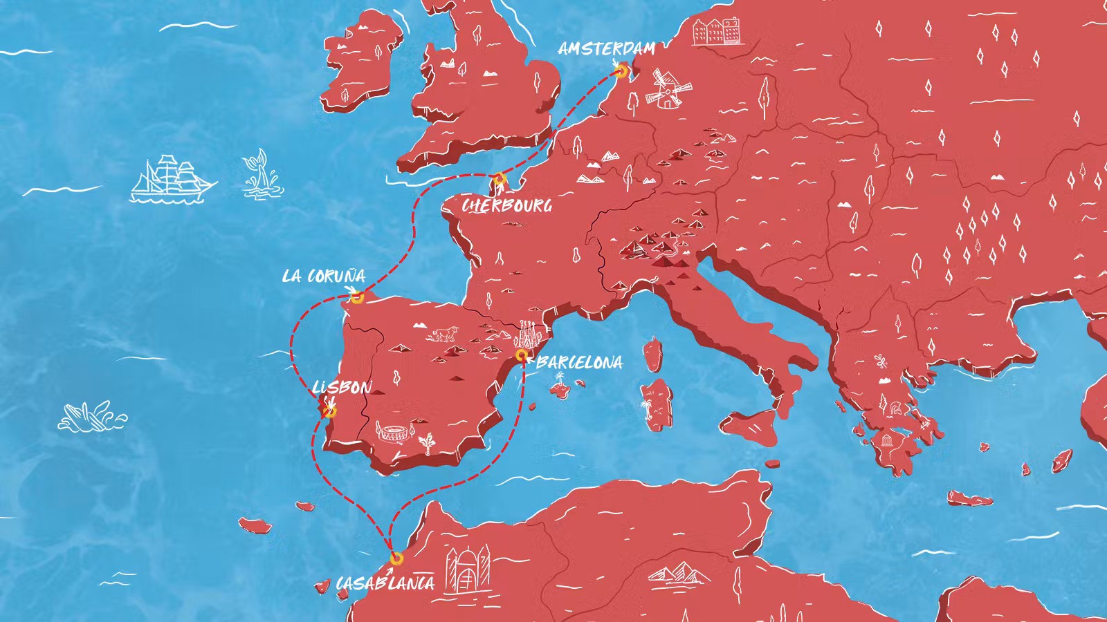 Route map: Barcelona to Amsterdam, via Casablanca, an overnight in Lisbon, La Coruña and Cherbourg