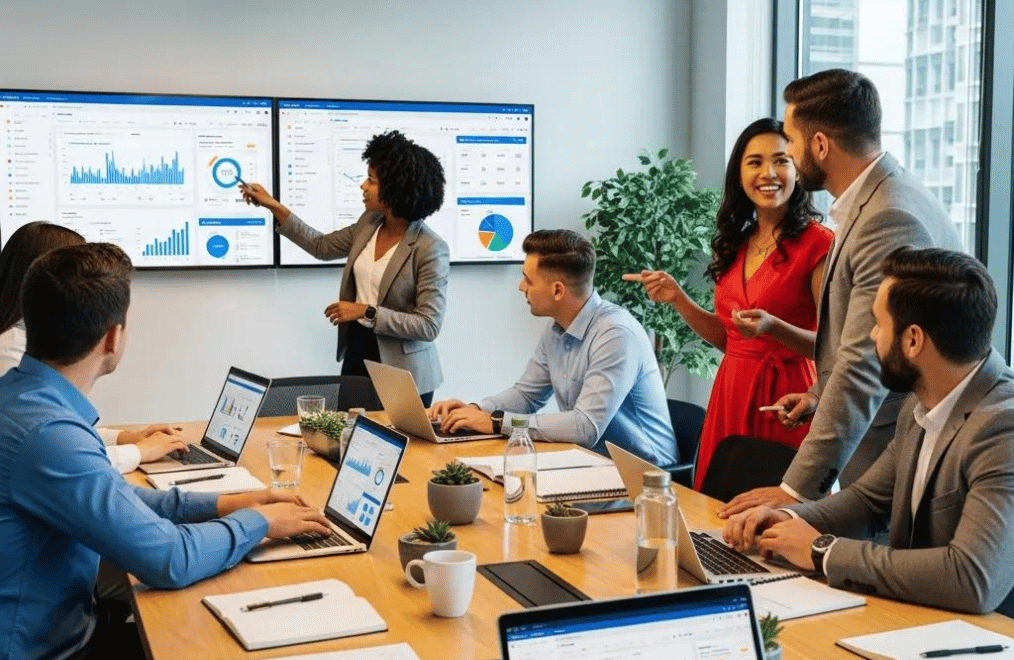 Professionals collaborating on AI CRM solutions in a modern office setting