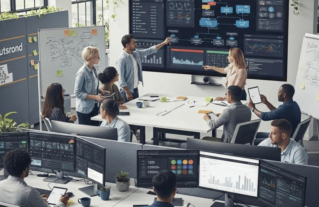 Team utilizing AI tools for optimizing CRM workflows in a modern workspace
