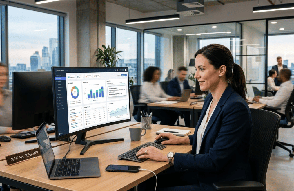 Business professional using AI CRM technology in a modern office environment