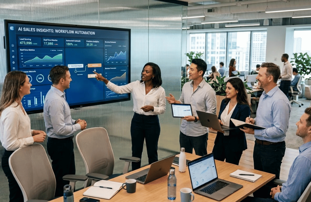 Sales team collaborating on AI-driven sales automation in a modern office